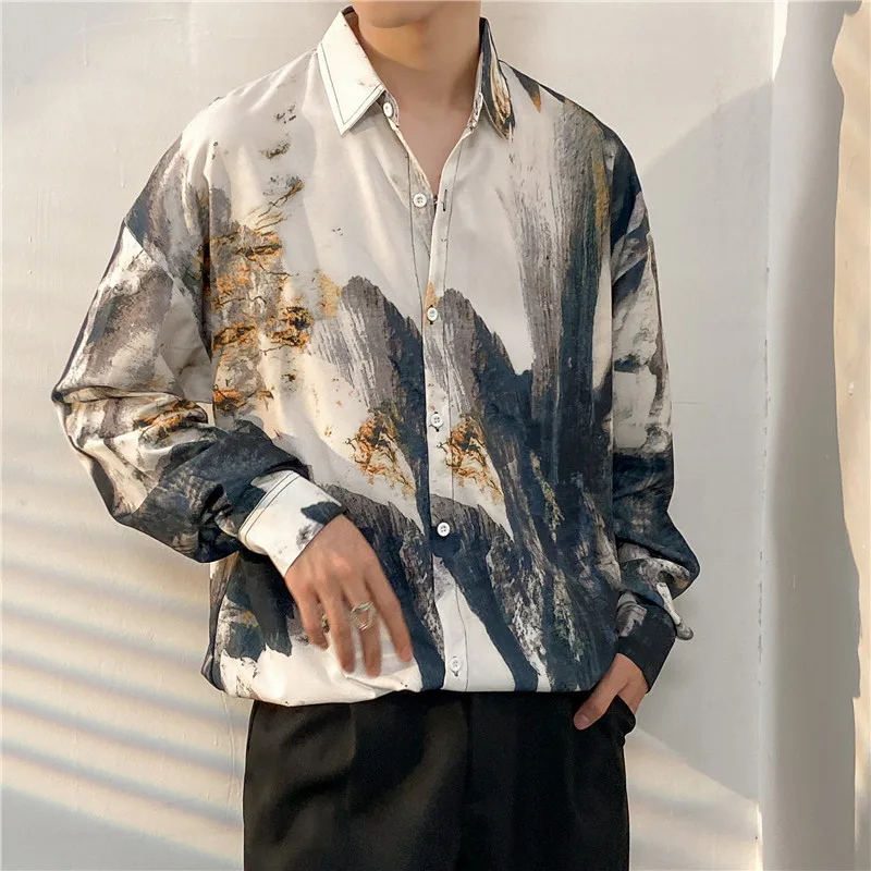 Vintage Summer Tie-dyed Painting Shirt Men Hip Hop Loose Long Sleeve Shirt Male Fashion Hawaii Button Long Sleeve Blouse Tops