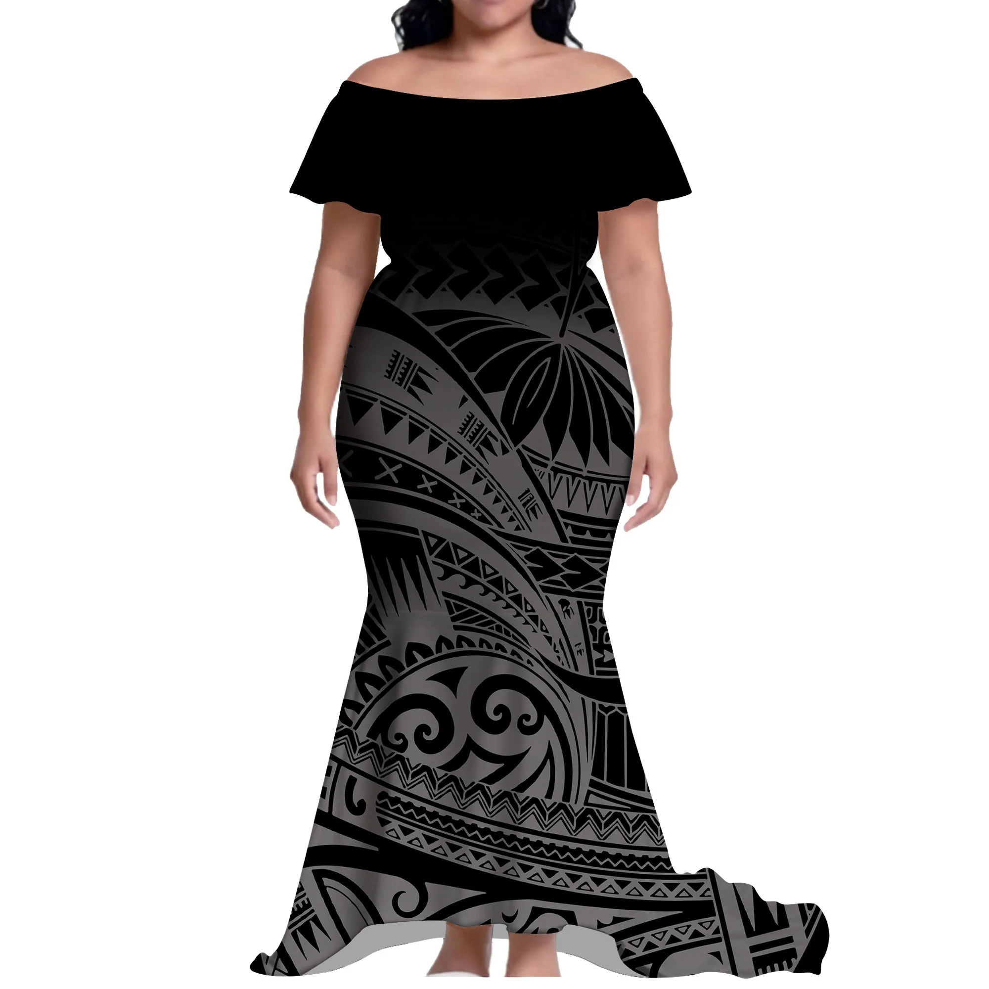 فستان صيفي مريح بكتف واحد وذيل السمكة طويل بطول الأرض فستان نسائي نمط مخصص بولينيزي #5