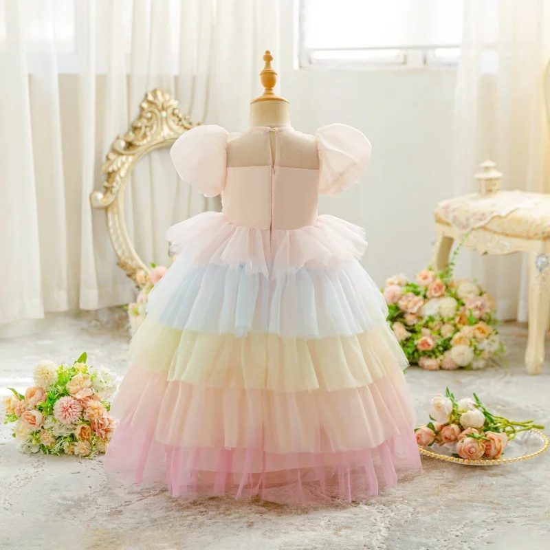 Girls Dress New Princess Dress Children's Korean Version Bubble Sleeve Sequin Mesh Contrasting Color Cake Dress