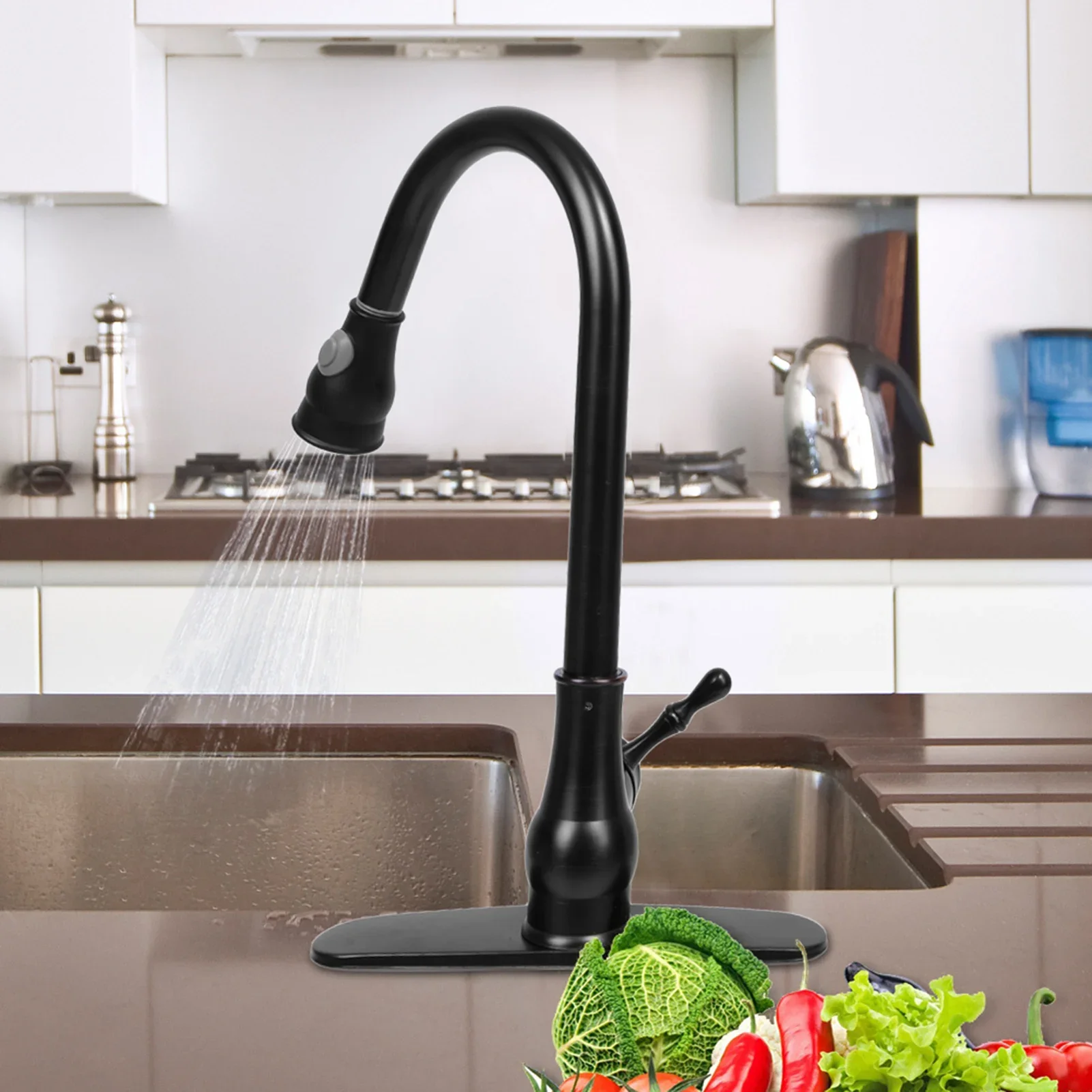 

Black Bronze Swivel Pull Out Spout Kitchen Sink Faucet Single Handle Cold and Hot Tap Dispenser