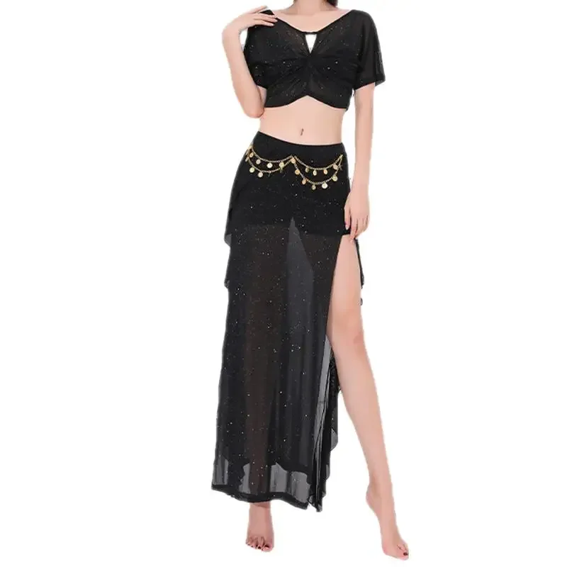Conjunto de fantasia de dança do ventre brilhante para adultos, 2 peças, tops com saia, feminino, dança do ventre oriental, performance de palco, roupa de dança do ventre