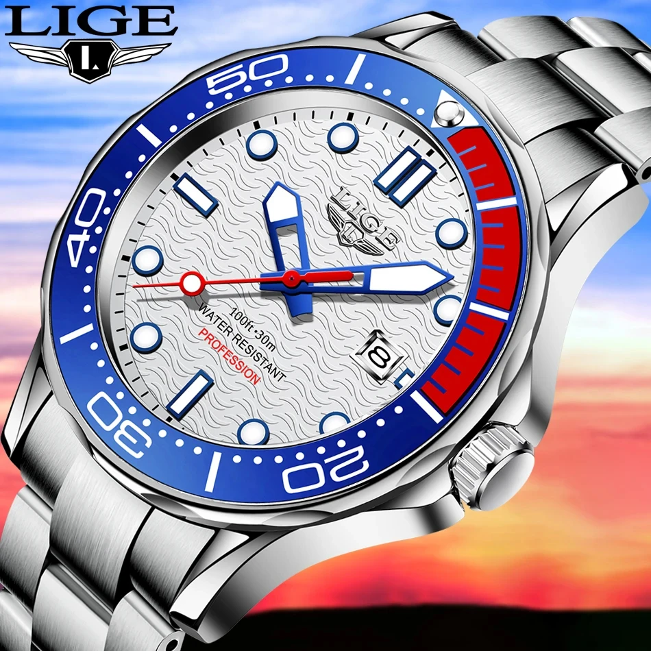 LIGE Luxury Males Watches Top Brand Fashion Business Quartz Watch For Men Stainless Steel Lume Chronograph Auto Date Clock+BOX