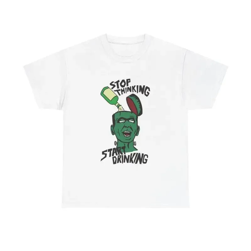 Stop Thinking Start Drinking T Shirt Funny Skull Beers Heavy Cotton