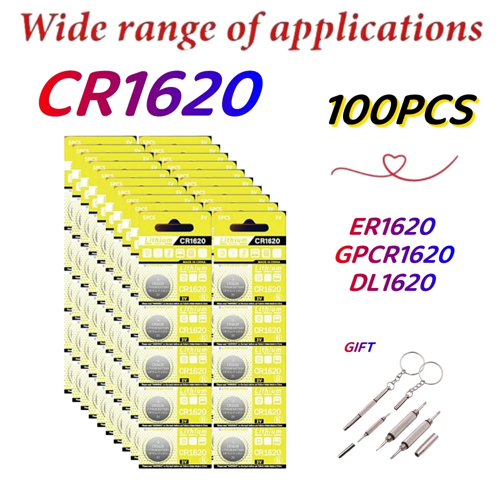 New 100Pcs CR1620 DL1620 3V Button Battery For Watch Car Remote Control Calculator Scales Shavers BR1620 Lithium Coin Cells