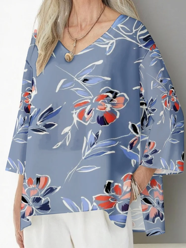 

Женская блузка больших размеров 5XL, модная, в стиле бохо, с принтом, рукавом 3/4, асимметричным подолом, V-образным вырезом, повседневная, шикарная