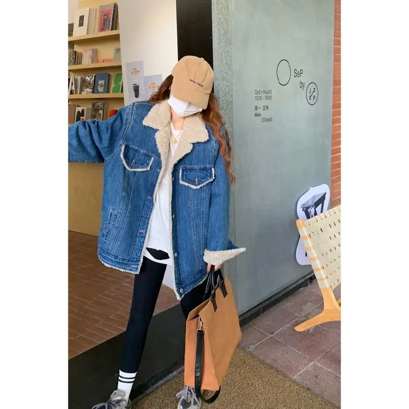 

Denim Coat For Women Long Fur Plush Womens Autumn Slim-Fit Puffed Preppy Style School Patchwork Pleated Embroidered Jackets Ins