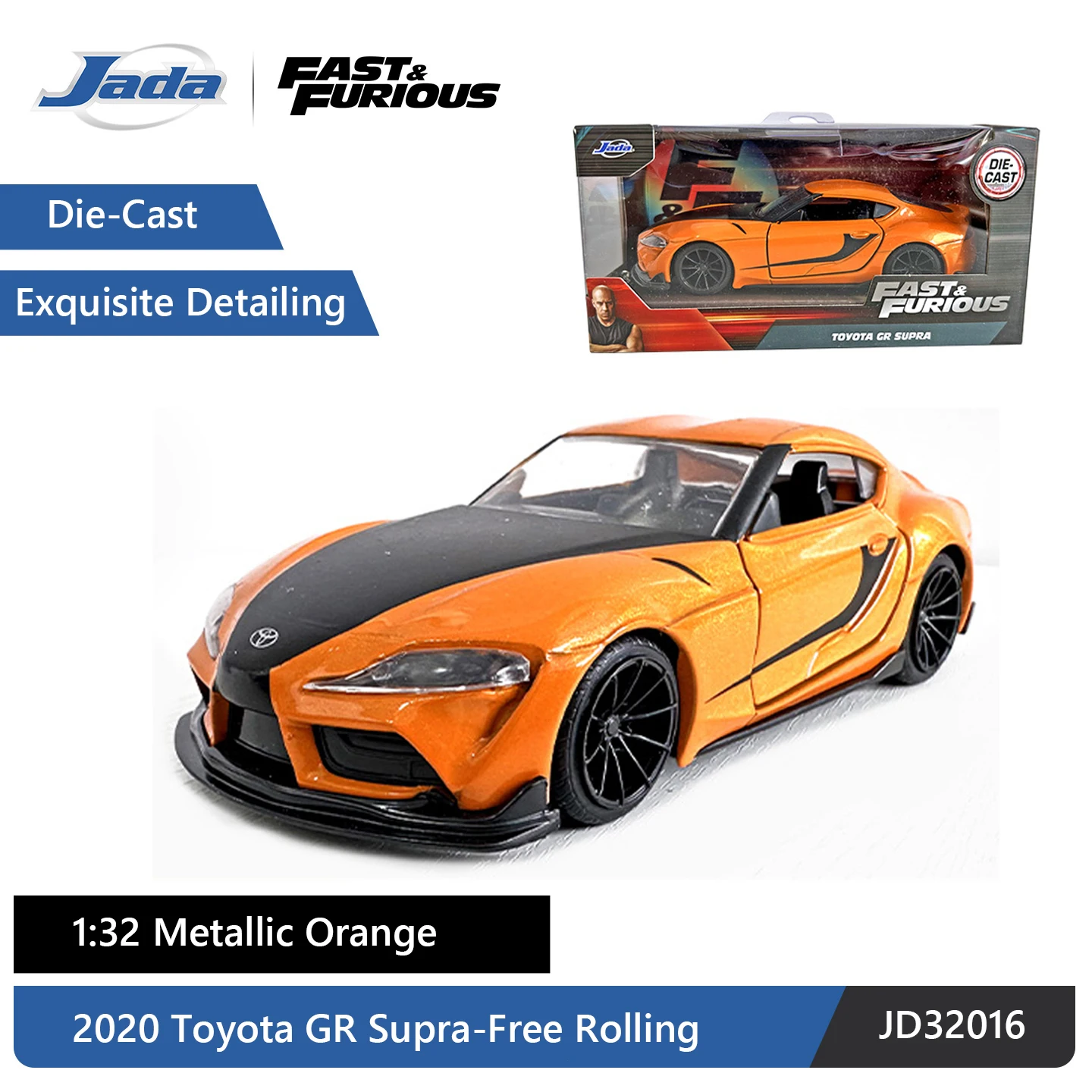 JADA The Fast and the Furious Collection 2020 Toyota GR Supra 1:32 DieCast Model Metallic Orange Free-Rolling Wheels JD32016