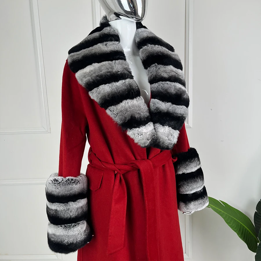 Real Fur Coat Women Wool Coats With Natural Rex Chinchilla Rex Rabbit  Fur Collar Cuffs Long Red Cashmere Jacket Luxury High Qua