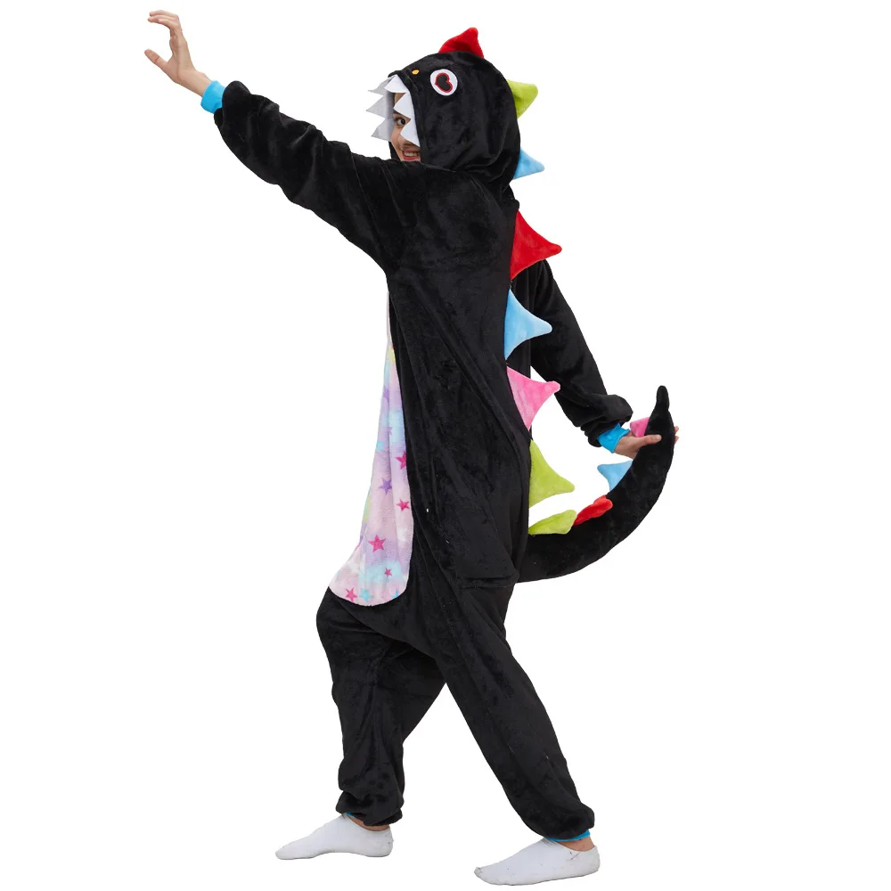 Disfraces de Cosplay de Halloween, Onesies de dragón negro, pijamas de una pieza para adultos, ropa de dormir, camisón, mono de franela, ropa de casa