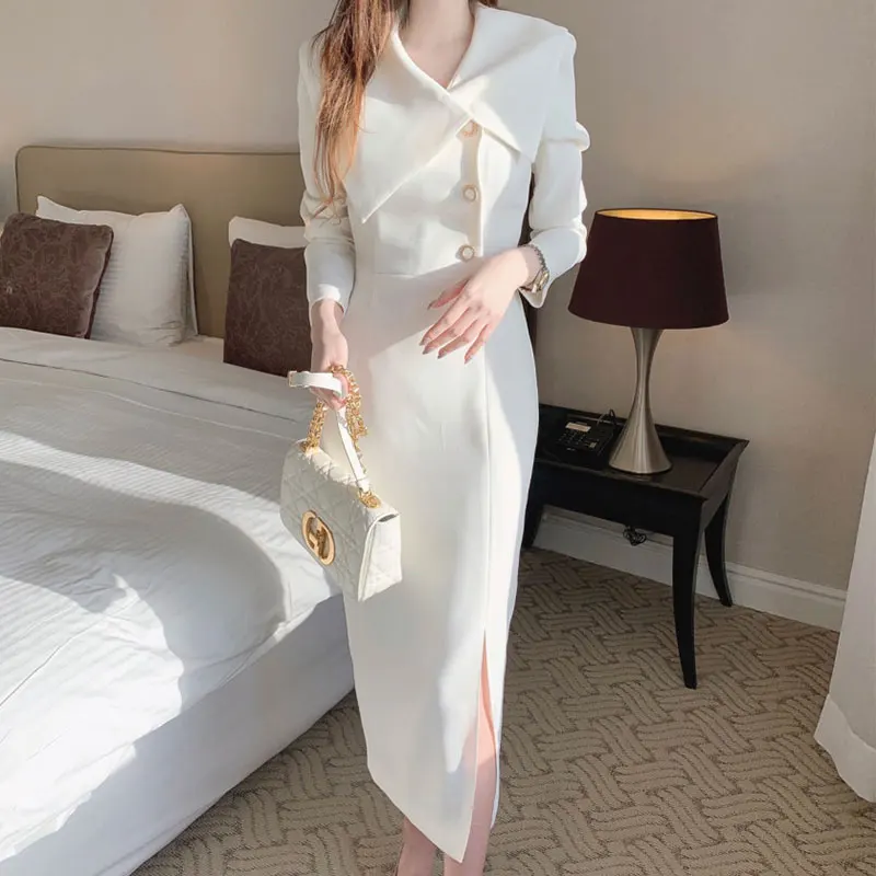 Elegancka Jesienna Prosta Sukienka Bodycon z Szyfonu z Kołnierzykiem, Zapinana na Guziki z Boku, Wyszczuplająca w Talii, Długa, Moda Damska