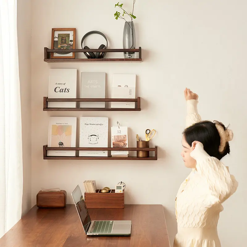 Creative Wall-Mounted Hook Rack, Entryway Black Walnut Coat Key Organizer, Solid Wood Hanger Shelf for Hallway Bedroom Storage