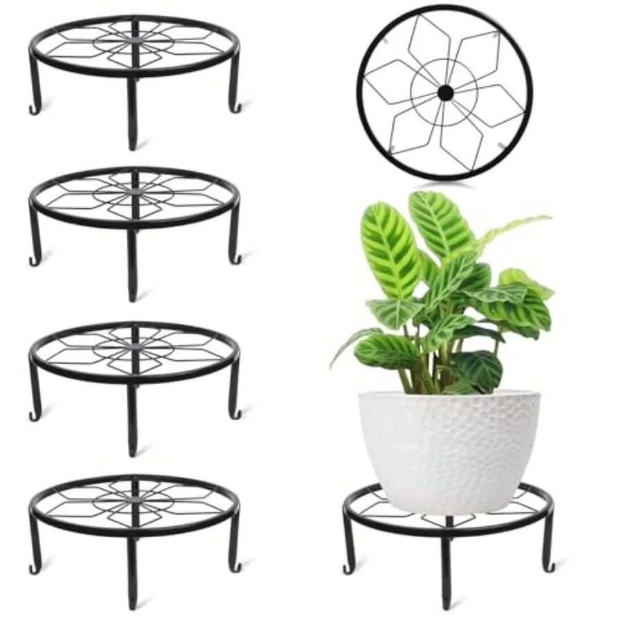 4 Pcs Black Metal Plant Stands for Indoor Outdoor Heavy Duty Pot Potted Stand Holder Iron Circle Plant Shelf Rustproof Risers R