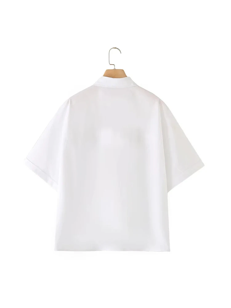 Chic Lady Casual 2024 Summer White Cotton Blend Shirts Oversize Womens Turn-Down Collar Short Sleeve Fashon Solid Loose Tops