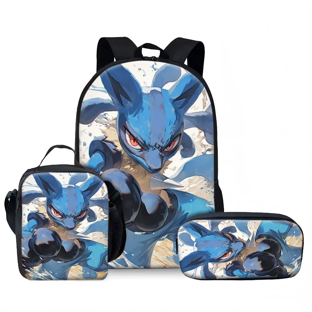 Kids Bag Lucario 3pcs Backpack Set Anime Action Art School Bags for Children Lightweight Travel Luggage with Lunch Box Pencil