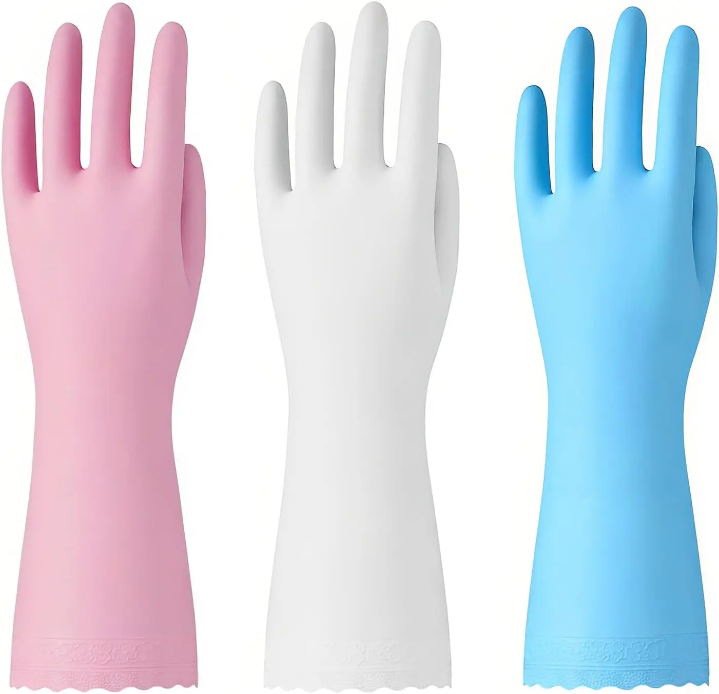 

3 Pairs Kitchen Cleaning Gloves, Latex-Free, Cotton Liner, Non-Slip Waterproof (Medium, Blue+Pink+White)