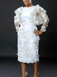White Appliques Flower Dress Women Luxury Embroidery Midi Dresses Elegant Ruffles Tulle Long Sleeve Birthday Wedding Outfits