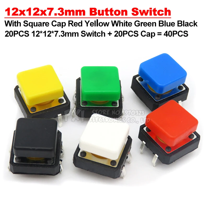 20Set 12x12x7.3mm PCB Momentary Tactile Tact Mini Push Button Switch Module DIP 4PIN With Square Cap High quality 12*12*7.3mm