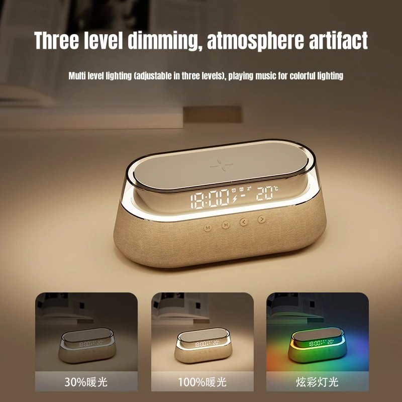 

QI Wireless Charger BT Speaker FM Radio Portable LED Nightlight Temperature Digital Display Dual Alarm Clock AUX Music Speakers