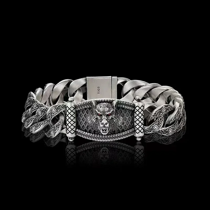 

Domineering 925 Silver Wolf Head Bracelet Men's Fashion Jewelry Plus Coarse Luxury Simple Trend Bracelet Birthday Gift Bangle