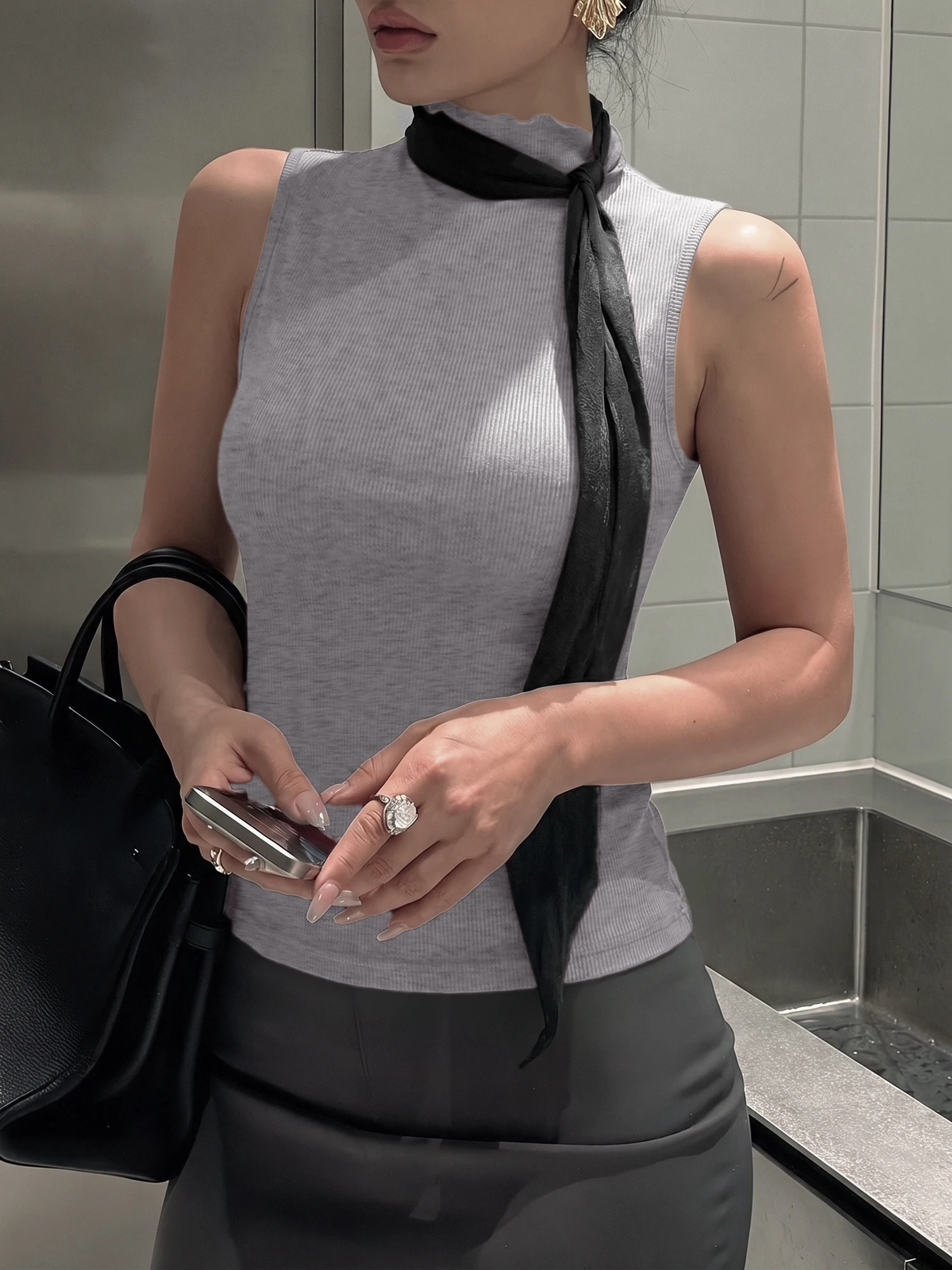Capsule Wardrobe Staple Lettuce Edge High Neck Vest, Stretchy Ribbed Sleeveless Base Layer Top