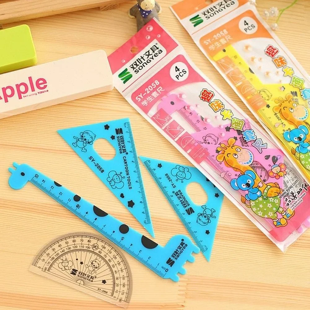4pcs Student Ruler 1 Set Cute Cartoon Giraffe Animal Students' Ruler Meter Triangle Ruler