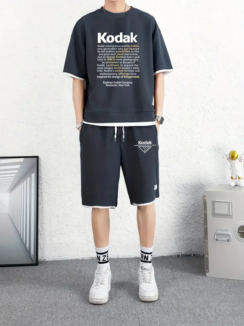 

Kodak Retro Print Men's Short Sleeve + Shorts Set - Adult Summer Outdoor Breathable Fitness and Sports Two-Piece Set