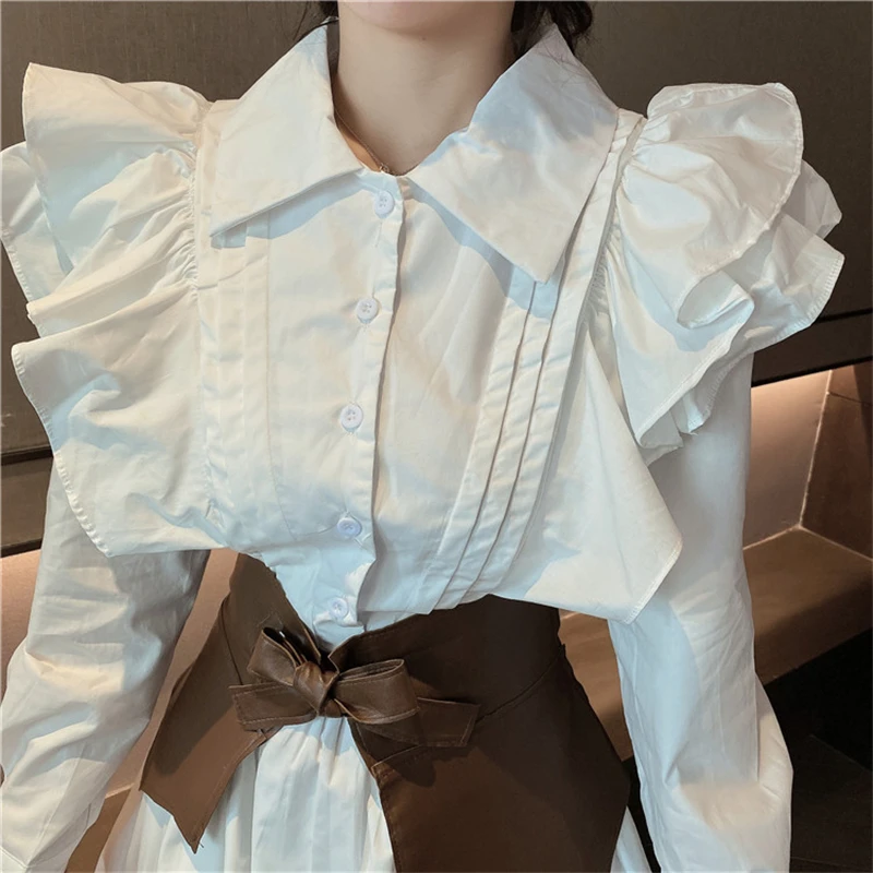 French Vintage Ruffled Folds Long Sleeve Short Shirt Dress Female with Leather Girdle 2pcs Set Loose Fashion Women Clothing