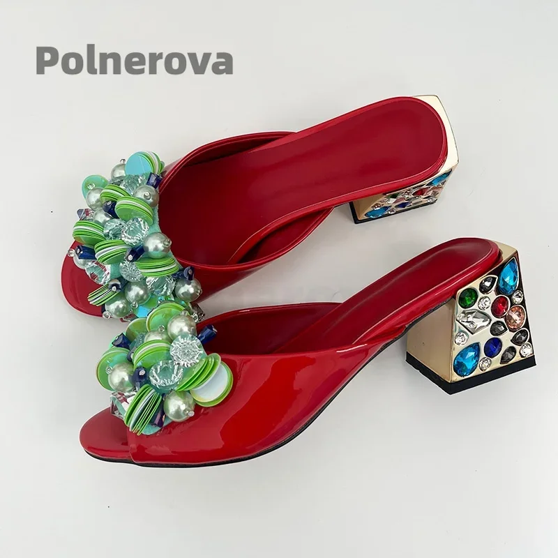 Rode Lakleer Slippers voor Vrouwen Boheemse Edelsteen Dikke Hakken Peep Toe Zomervakantie Schoenen Mode Runway Party Schoenen