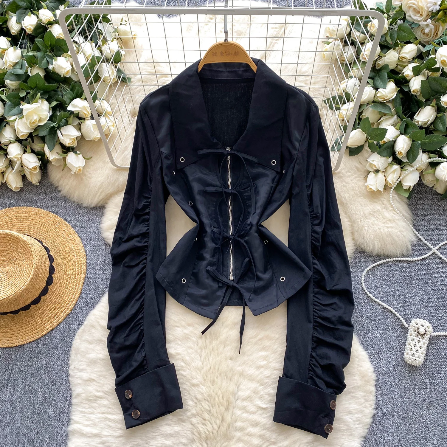 

Винтажная блузка с длинным рукавом на молнии и бабочкой, элегантная модная женская рубашка, милая женская одежда