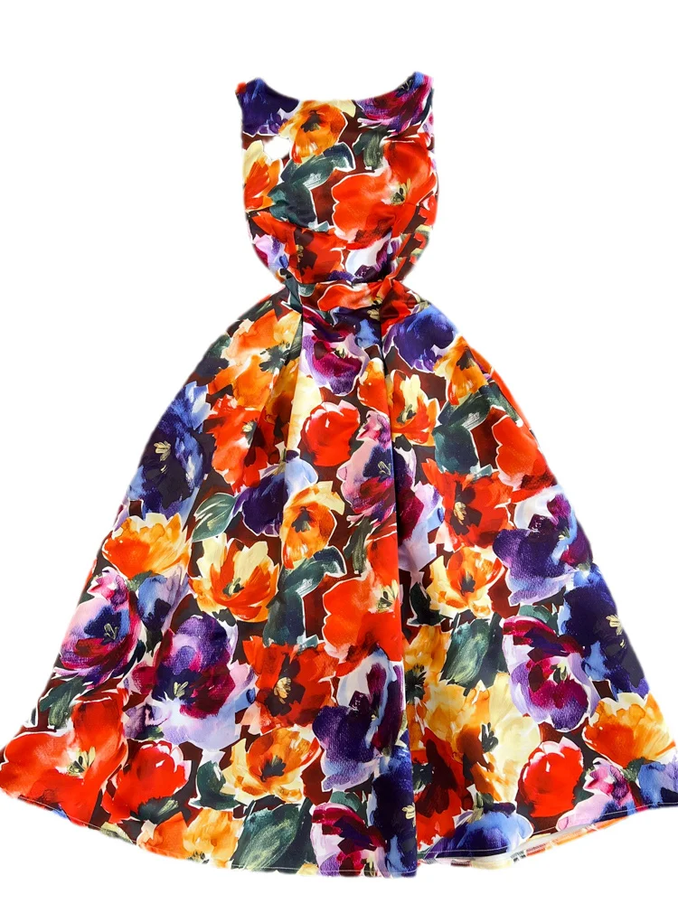 우아한 A라인 드레스 고급스러운 민소매 라운드 넥 슬림핏 프린트 가운 젊은 여성 여름 시즌 미디 길이 자연 허리라인