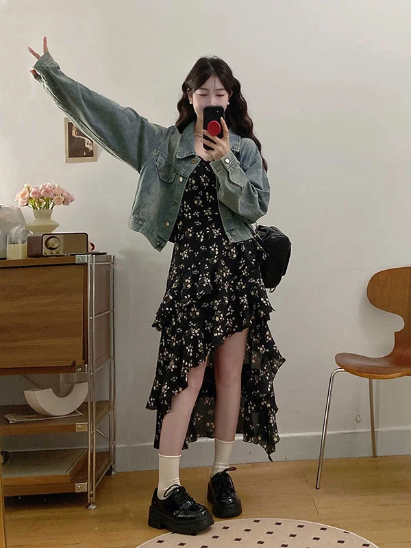 

Новое весеннее поступление, винтажная свободная джинсовая куртка с черным нерегулярным цветочным ремешком, комплект из двух предметов Dr, женская мода