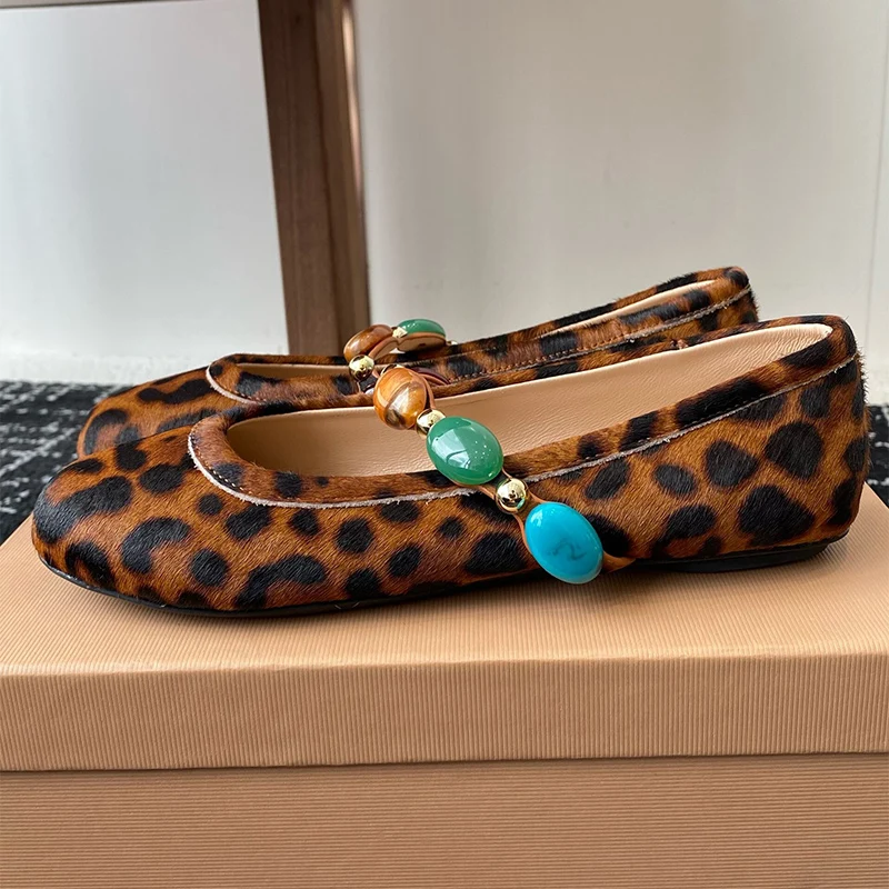 

Fur Round Toe Shallow Mouth Mary Jane Shoes Women Colorful Bead Decor One Strap Single Shoes Summer Flat Bottom Ballet Shoes