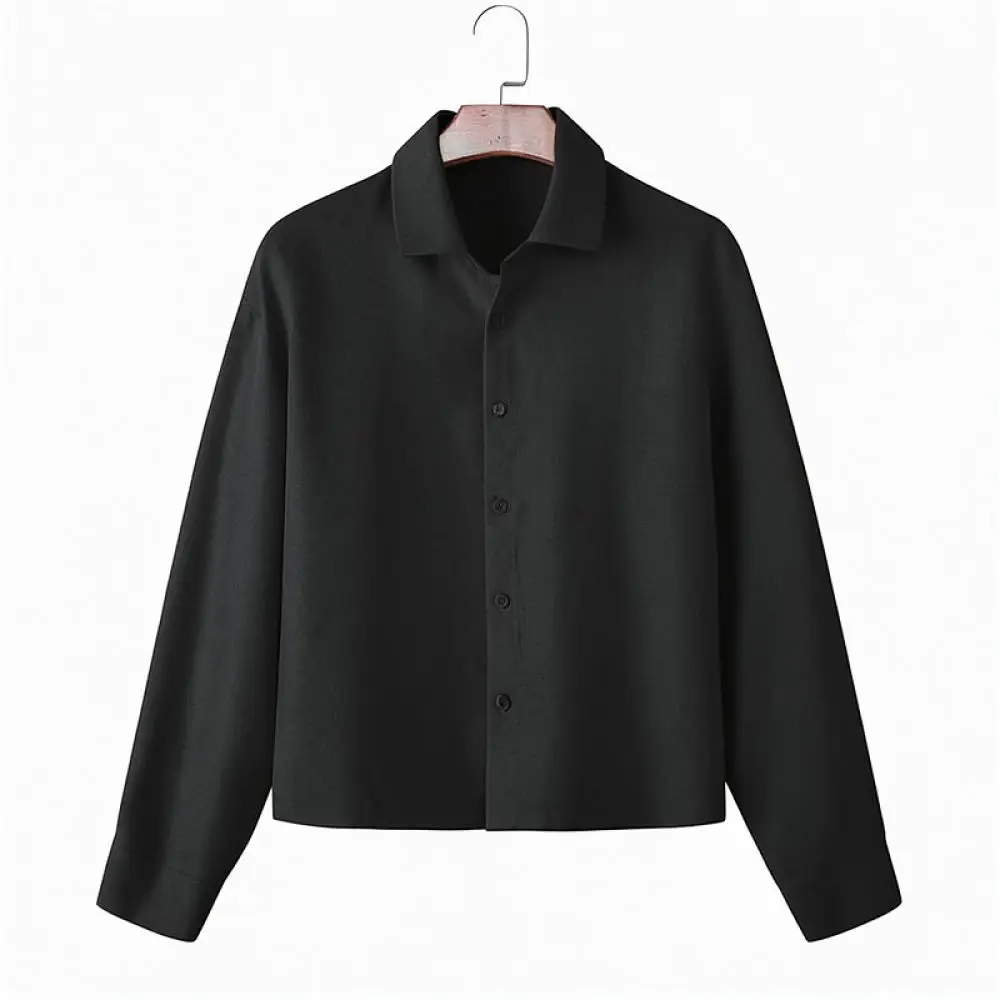 Mens Fashion Casual Shirt Texture Fabric Loose Fit Turn Down Collar Solid Color Autumn Long Sleeve Streetwear Top Shirt