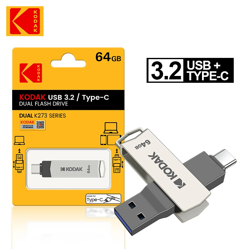 2Pcs Kodak Original 2in1 USB Flash Drives Type-C 32GB 64GB 128GB 256GB Pendrive Dual Memory stick Pen Drive With iPhone Adapter