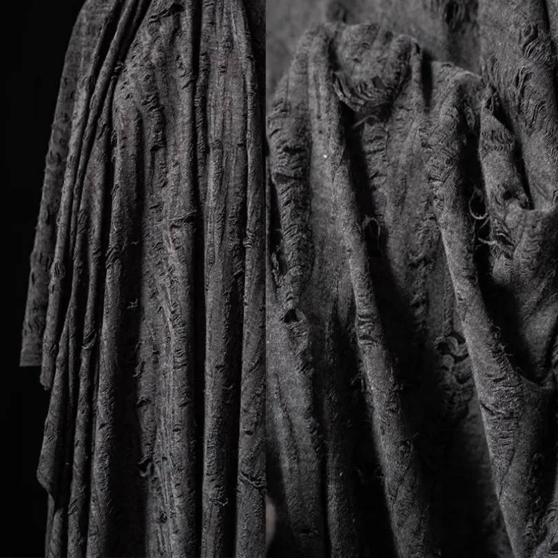 Black Gray Cracked Distressed Knit Fabric Ripped Hole Textured Irregular Creative Art Recycled Designer Material Fabric