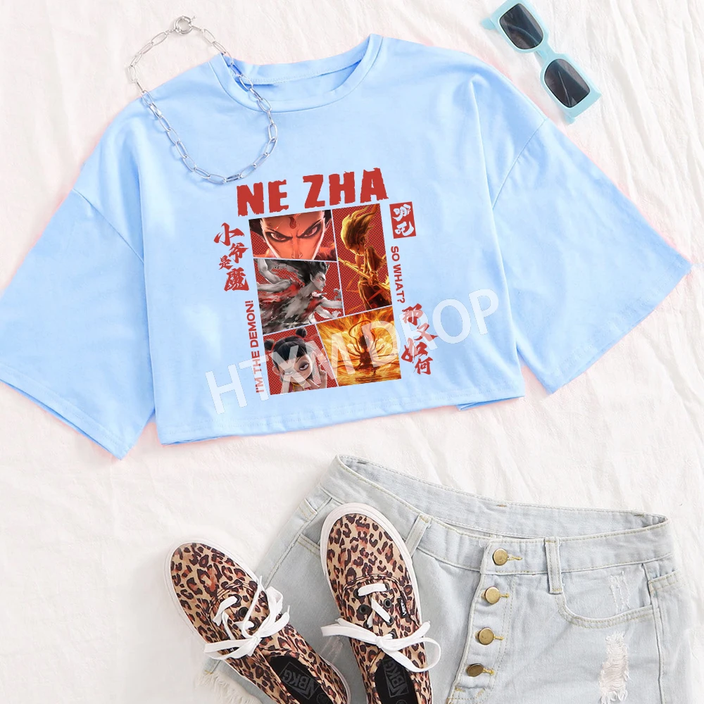 Ne Zha Nezha Comic NeZha 2 Meninas O-pescoço Casual Mulheres Camisas Crop