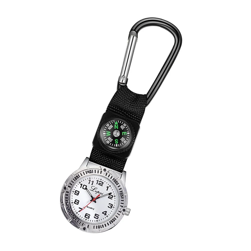 Mountaineering Watch with Compass Pocket Nurse Watch Carabiner Design Simple Fashion Watches (Black)
