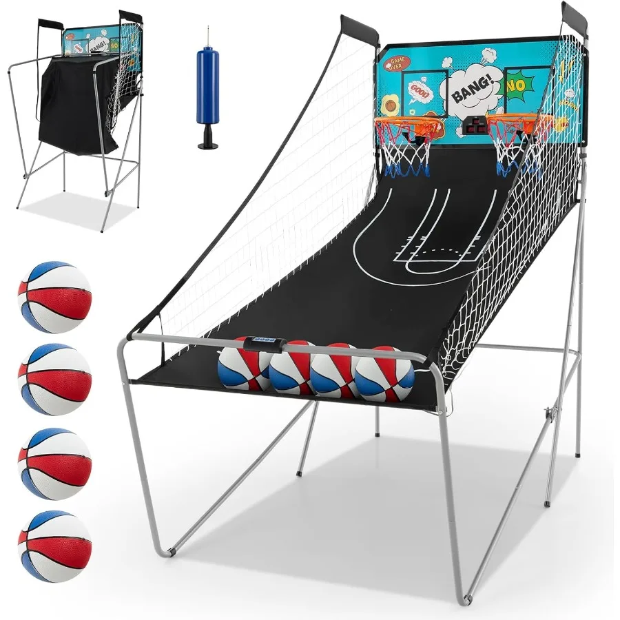 Cesta de basquete eletrônica dobrável com tiro duplo, jogo de arcada de basquete com placar LCD para uso interno e externo, características 8