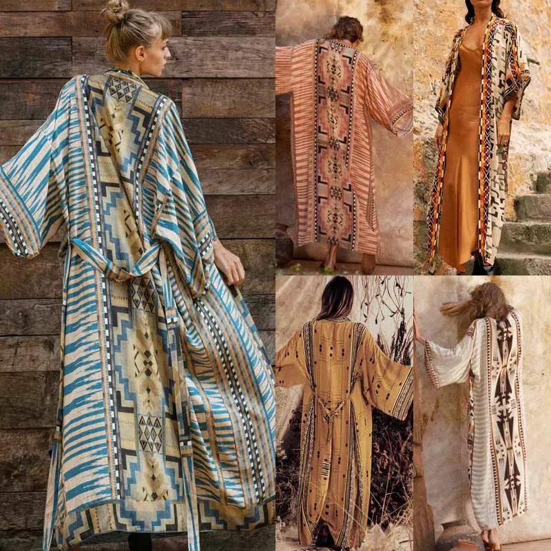 

Summer 2024 New Thailand Bali Middle East Retro Long Sleeve Coat Shawl Outerwear Cover-up Cardigan