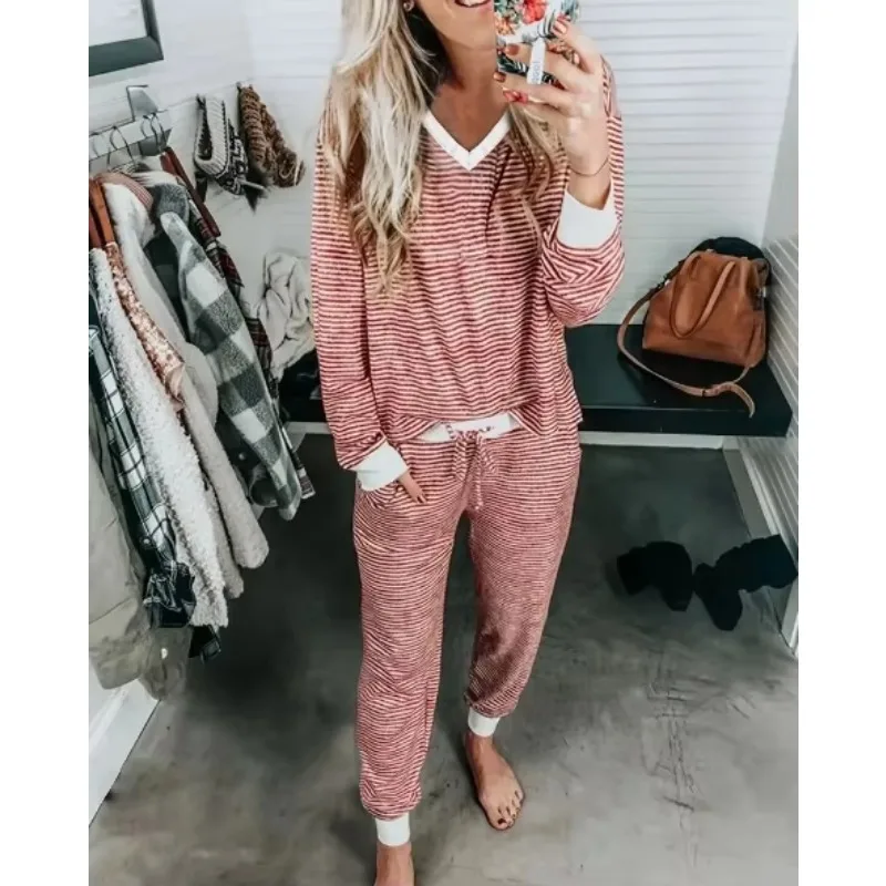 

Autumn and Winter Loungewear Pajamas Set Fashion Long-sleeved Trousers Two-piece Sleepwear Striped Nightshirt Women's Home Suit