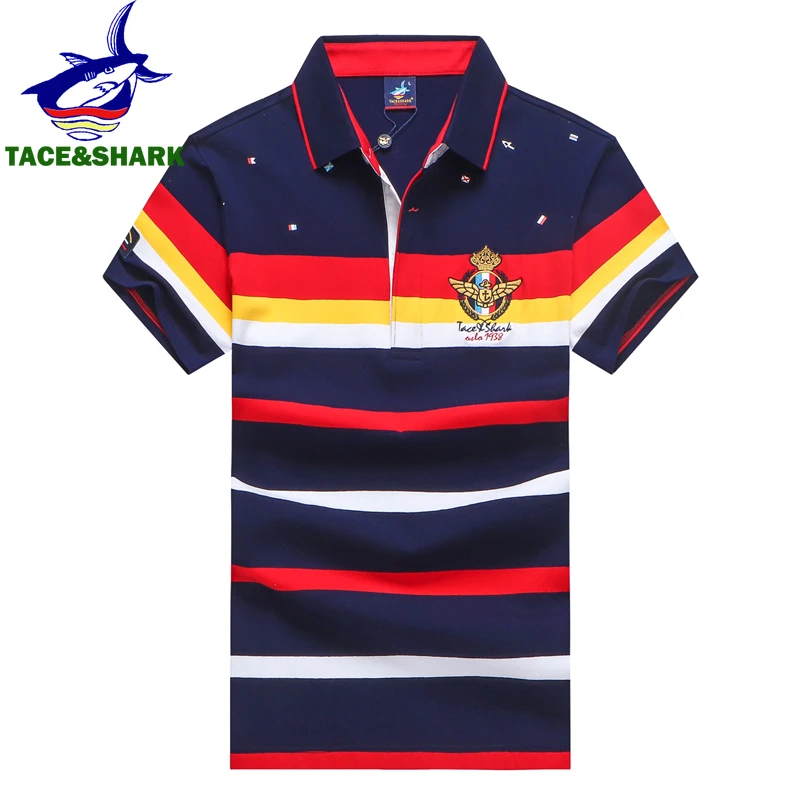 TACE&SHARK Fashion Stripe Shark Embroidery Polo Shirt Summer Men Business Shark Polos Tops Mens Casual Slim Fit Clothing