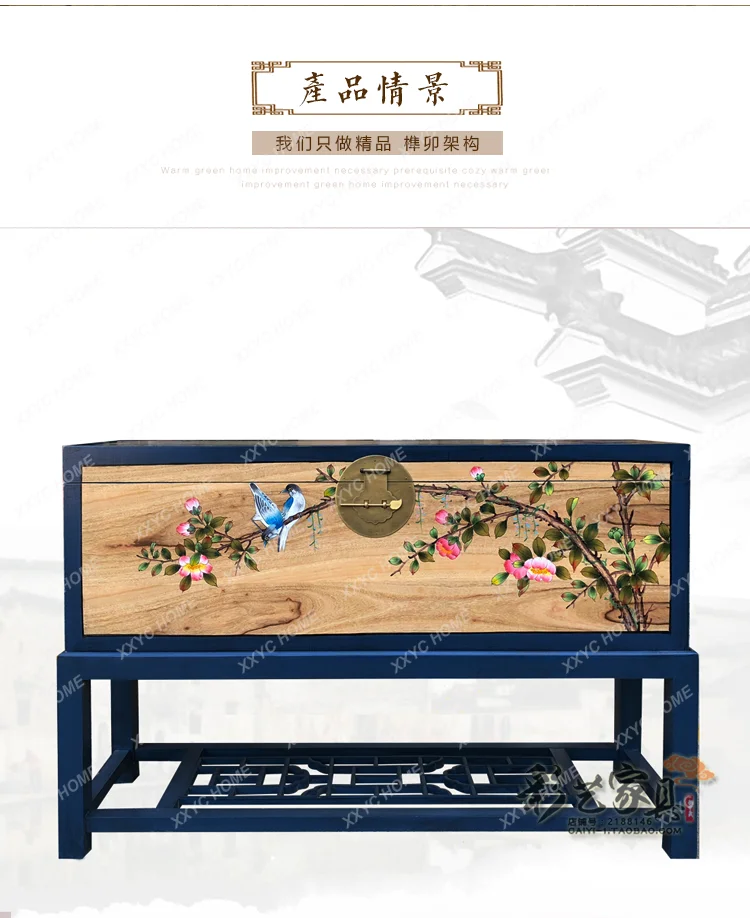 Modern Chinese hand-painted camphor wood box solid wood bedroom locker sundries storage suitcase