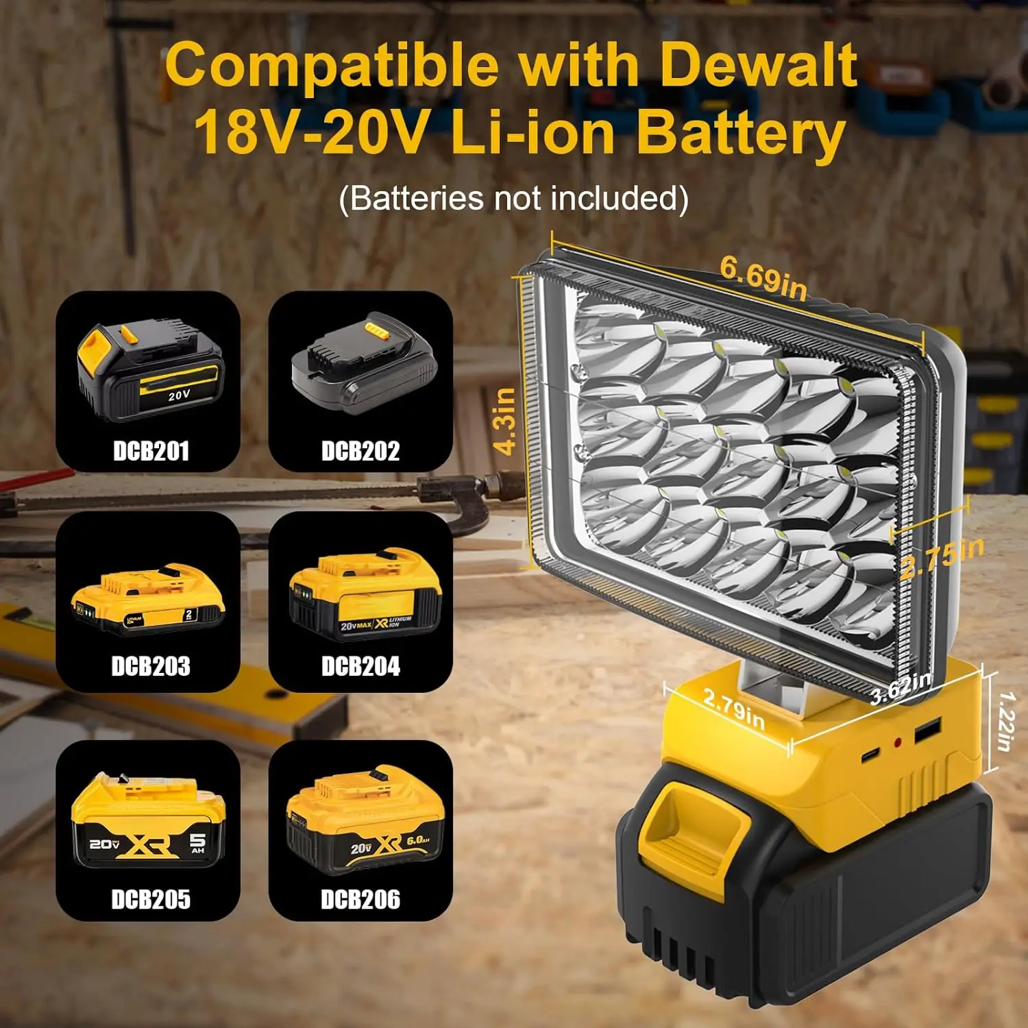 48W/60W/100W Portable LED Work Light Rechargeable LED Flood Light for Dewalt 18V-20V Li-ion Battery Cordless Work Light 6000k
