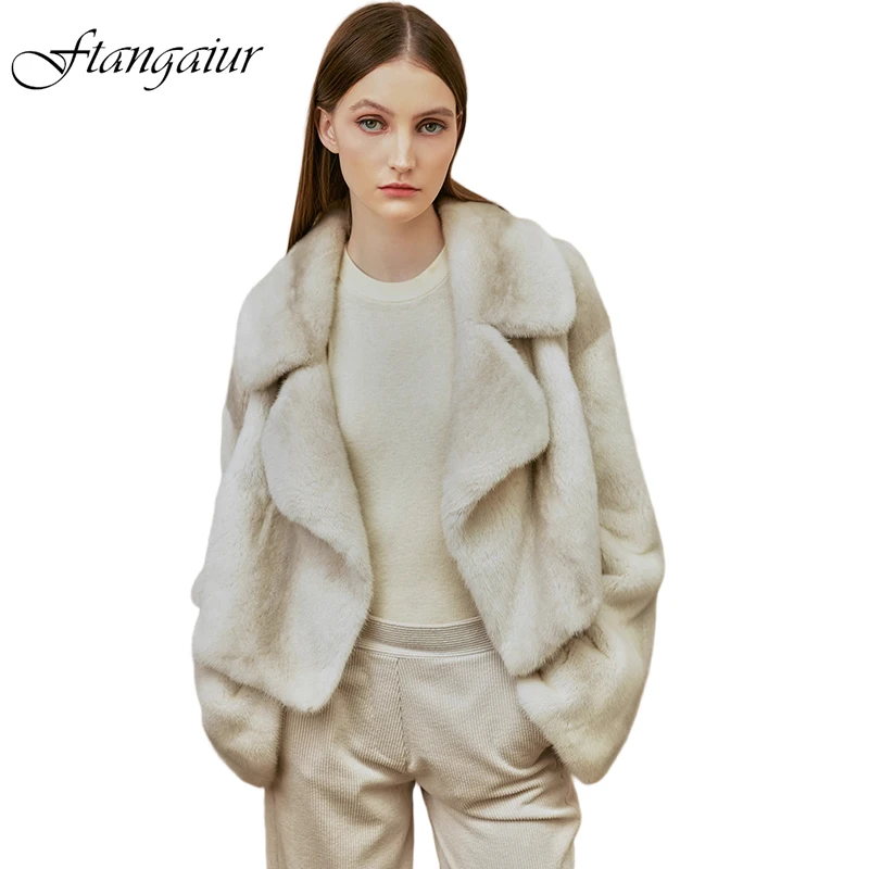 

Ftangaiur Winter Import Swan Velvet Mink Fur Coat Turn-Down Collar Full Sleeve Mink Coat Women Short Natural Real Mink Fur Coats