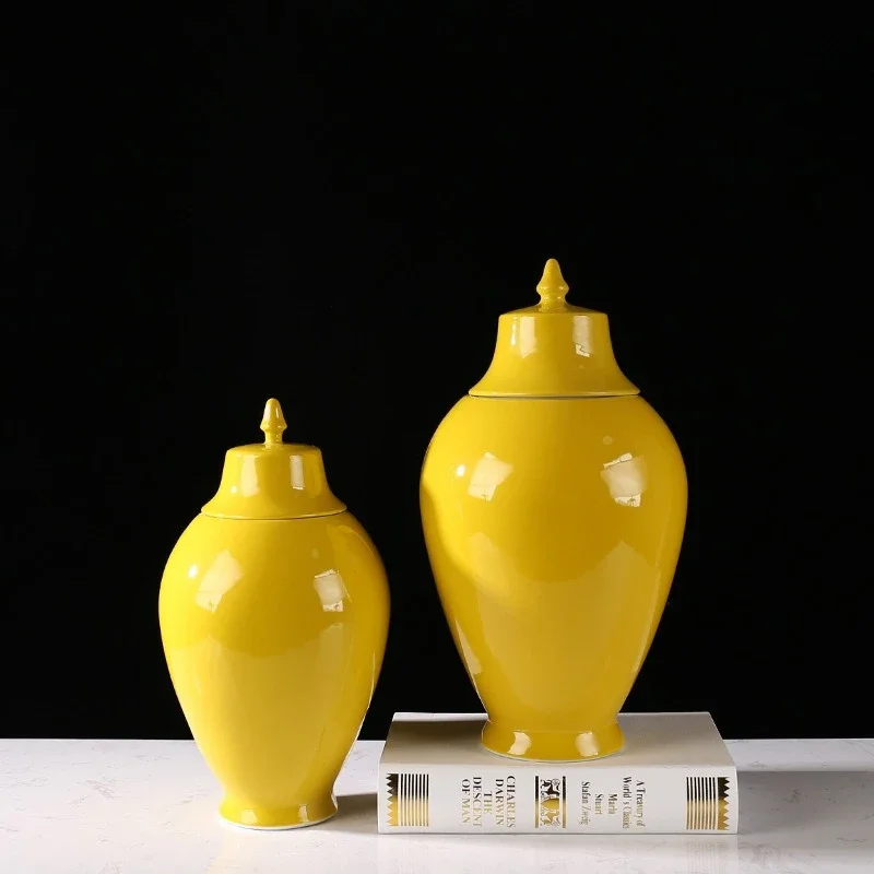 Ceramic General's Jar Flower Vase Sealed Storage Tank Ginger Jar Porcelain Handicrafts Retro Yellow Chinese Bottle