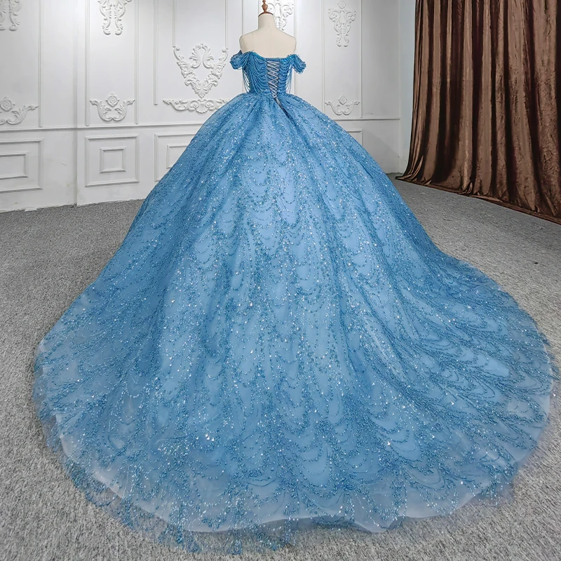 Stylish Blue Long Wedding Bridesmaid Dress Organza Ball Gown Strapless Evening Dresses Beading DY1101 Vestidos De Noite