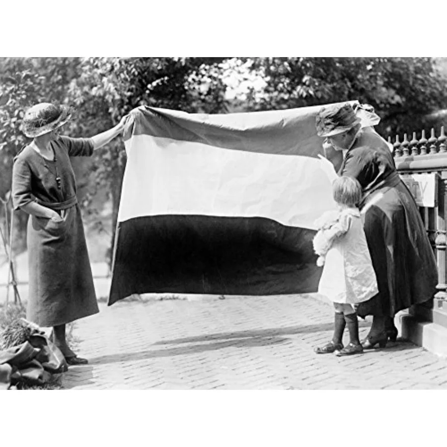 

Фотография 1915 года: Суфрагетки демонстрируют свой плакат перед молодой девушкой, 24 x 36 дюймов, постер, 1915 год.