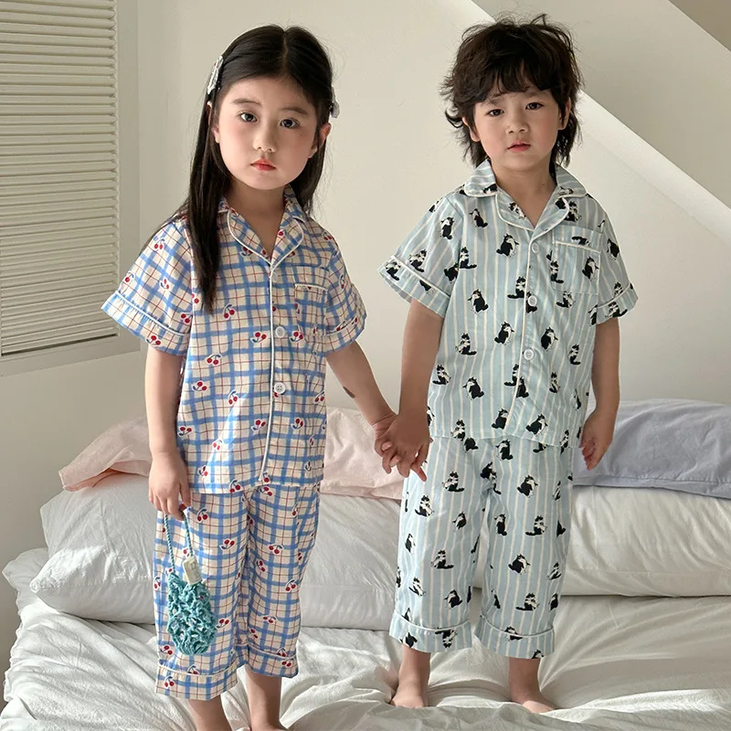

Summer Kids Girls 2PCS Clothes Set Cotton Thin Plaid Turndown Collar T-shirts Pants Suit Children Baby Girl Pajamas