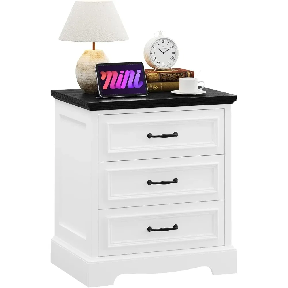 

White Farmhouse Nightstand with Charging Station,Wood Night Stand End Table with 3 Drawers Storage