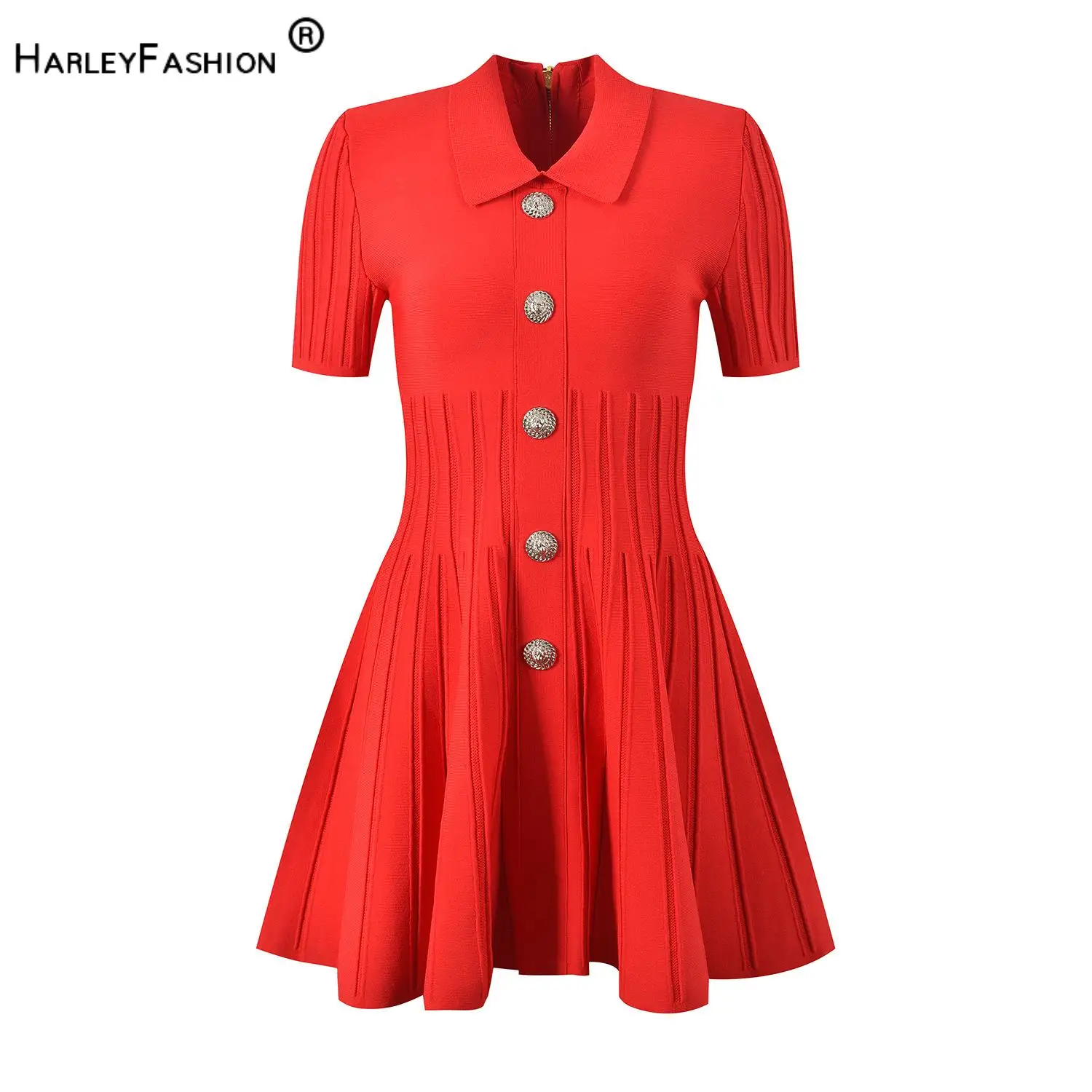 

Summer Newest Designed Polo Collar Colth Short Sleeve Single-breasted Fit And Flare Women Knits Short Mini Dress